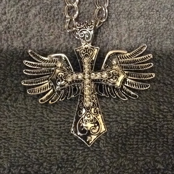 Metal Winged Cross Pendant Necklace - Picture 2 of 3